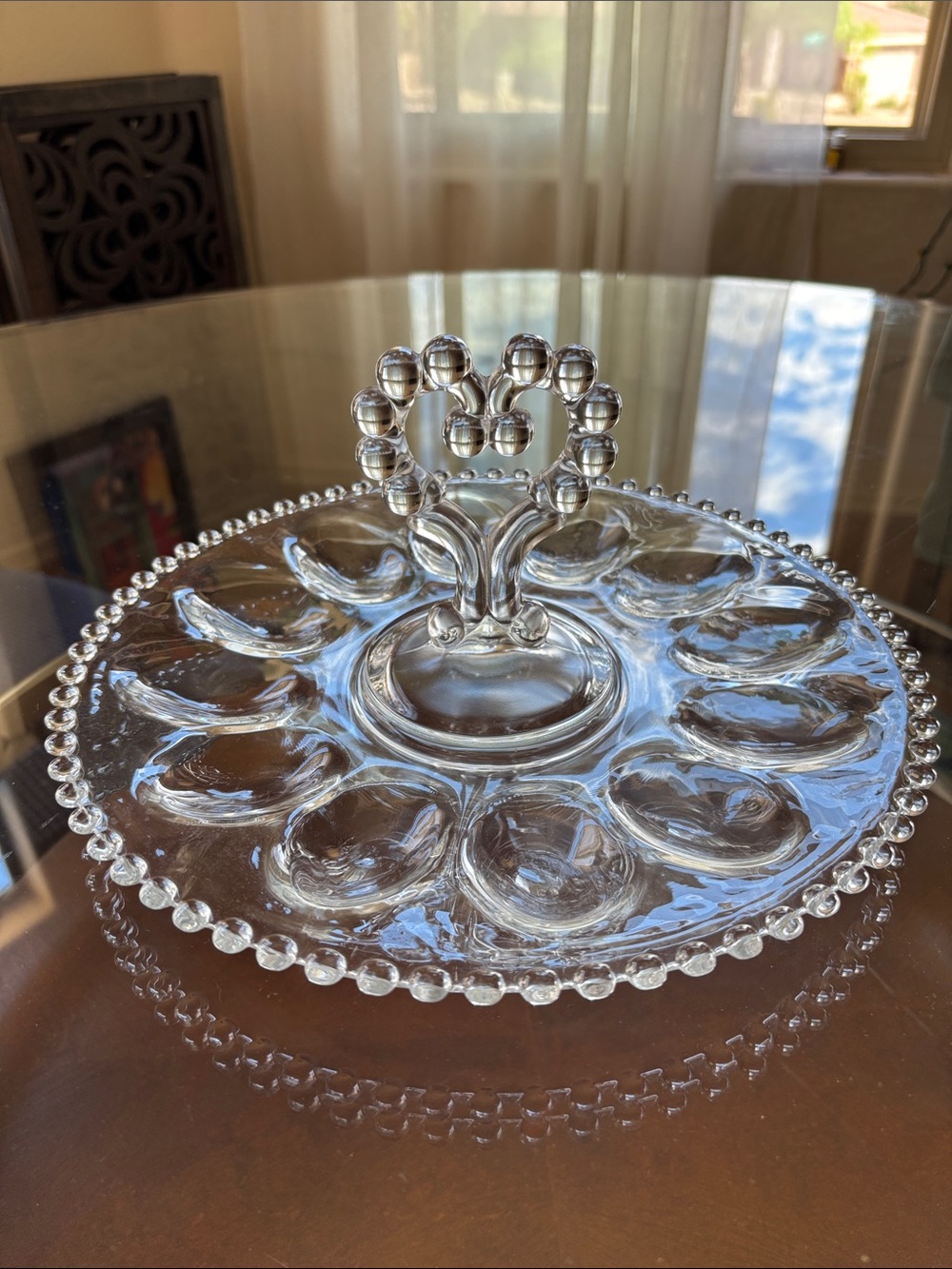Imperial Clear Glass Candlewick Vintage Deviled Egg Tray with Heart Handle